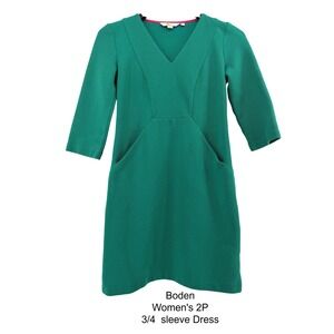 Boden Womens 2P Green Ottoman V-Neck 3/4 Sleeve Classic Preppy Office Dress